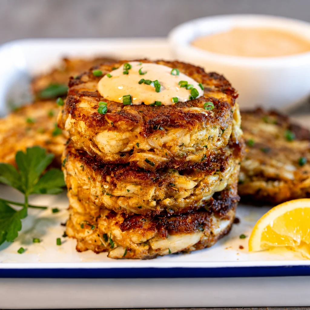 Homemade remoulade sauce served with crab cakes on a plate.