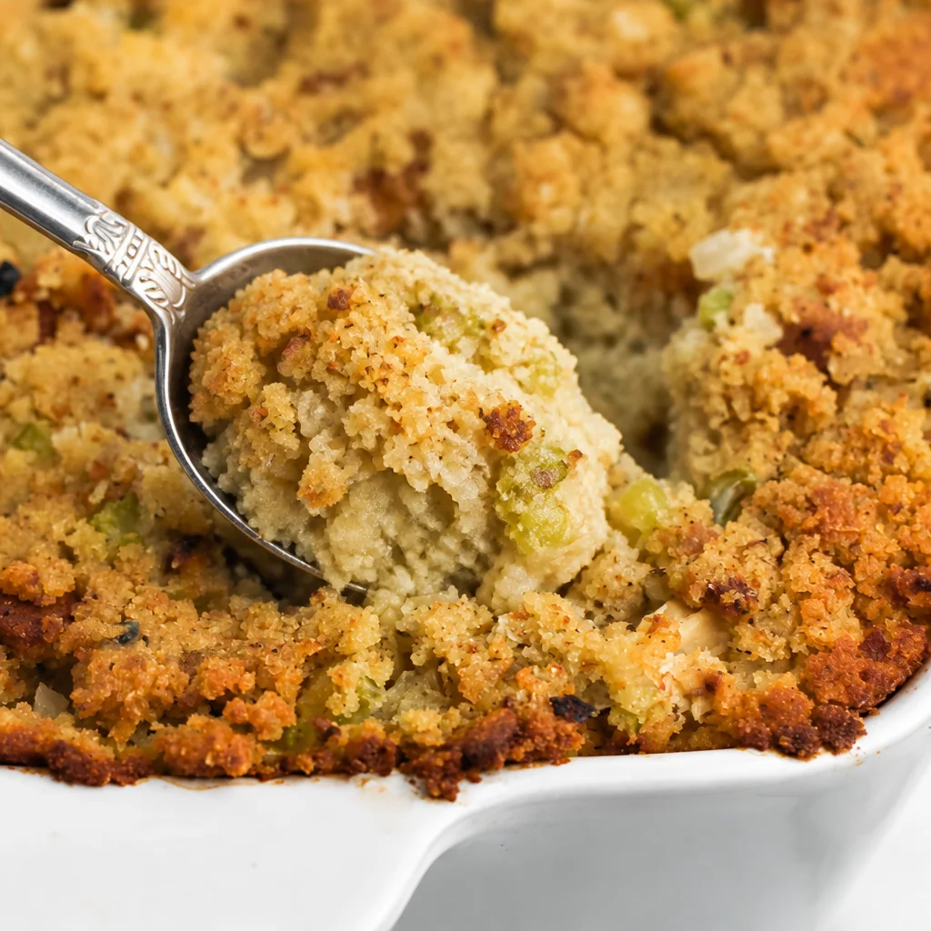 Delicious homemade Southern Cornbread Dressing from Scratch with herbs and spices.