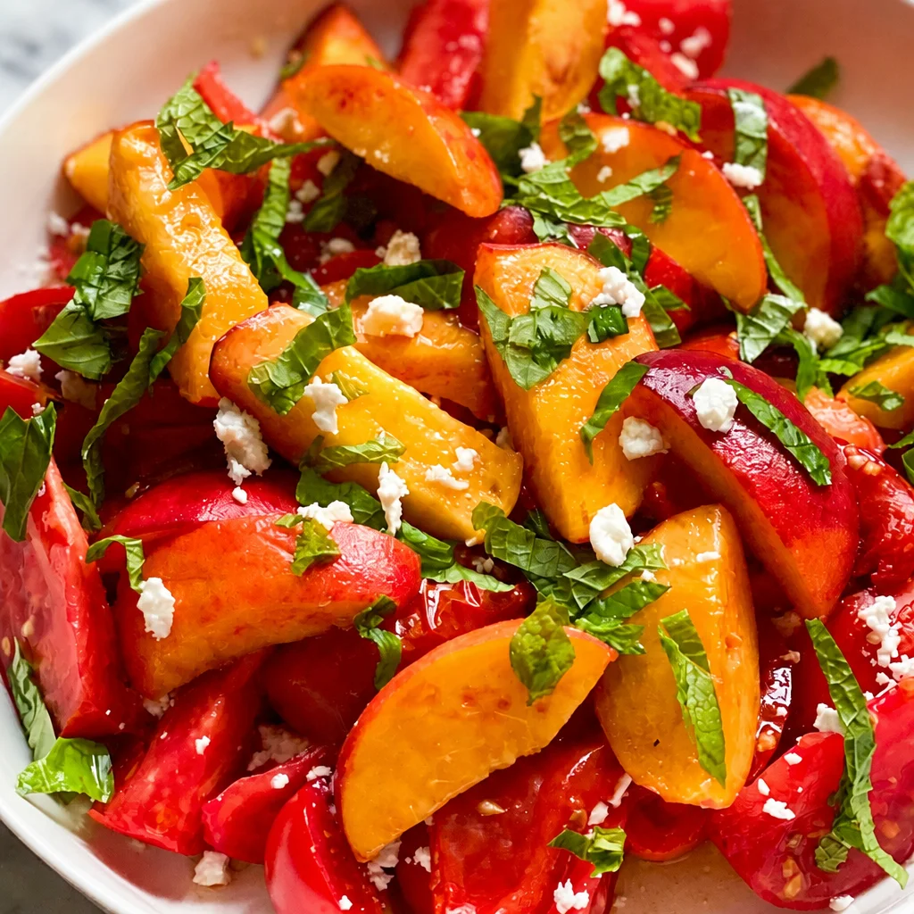 Fresh peach and tomato salad with basil and vinaigrette on a plate.