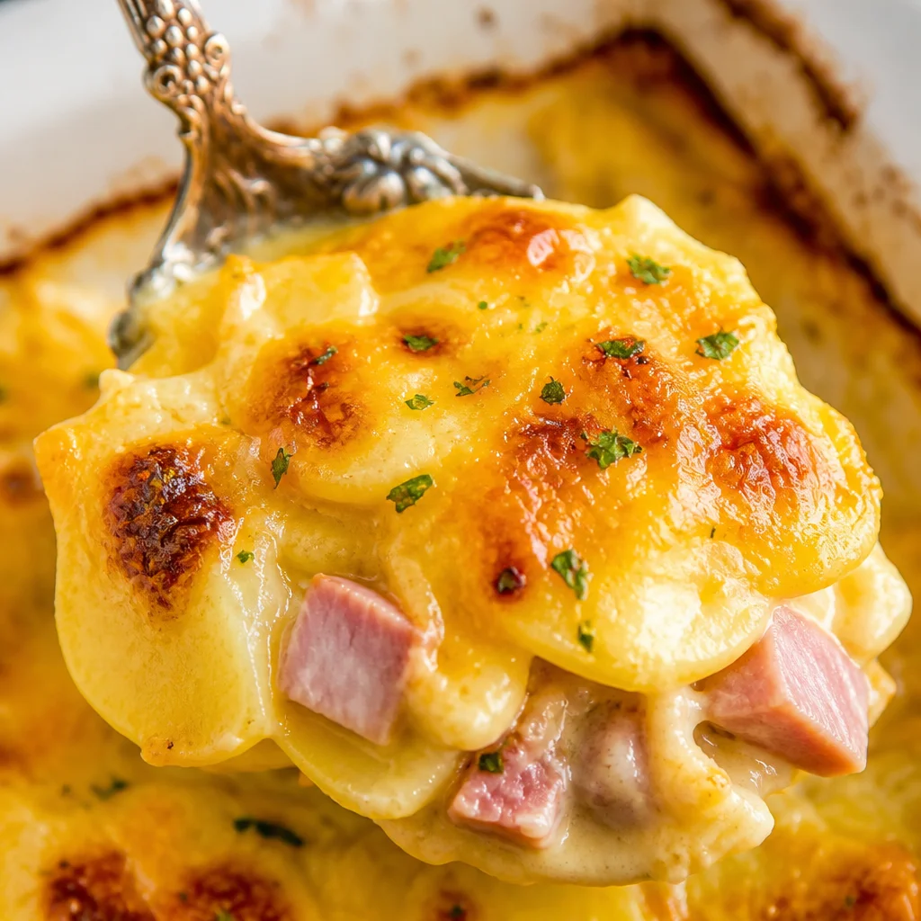 A delicious serving of Classic Homemade Scalloped Potatoes and Ham casserole topped with cheese.