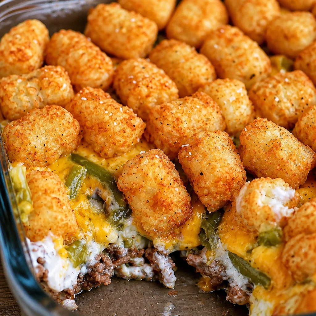Delicious Classic Homestyle Tater Tot Hotdish Casserole with ground beef and cheese.