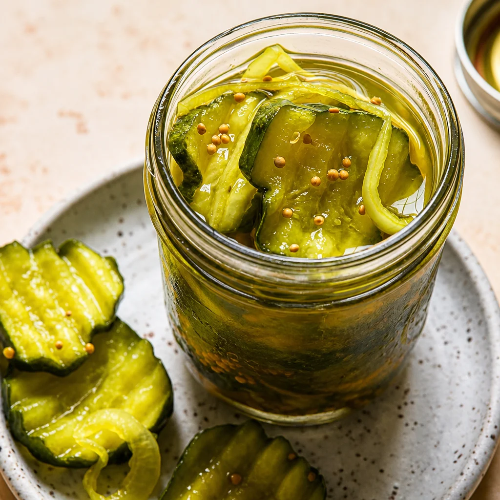 Jar of classic old fashioned bread and butter pickles with cucumbers and spices.