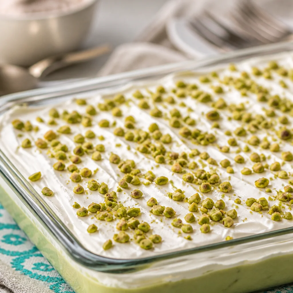 Classic Retro Pistachio Pudding Icebox Cake with layers of pudding and whipped cream