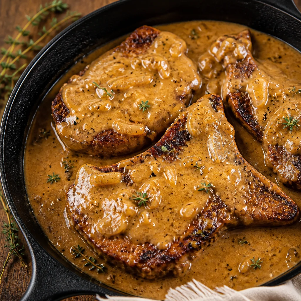 Classic Southern Pan Fried Pork Chops served with rich onion gravy and sides.