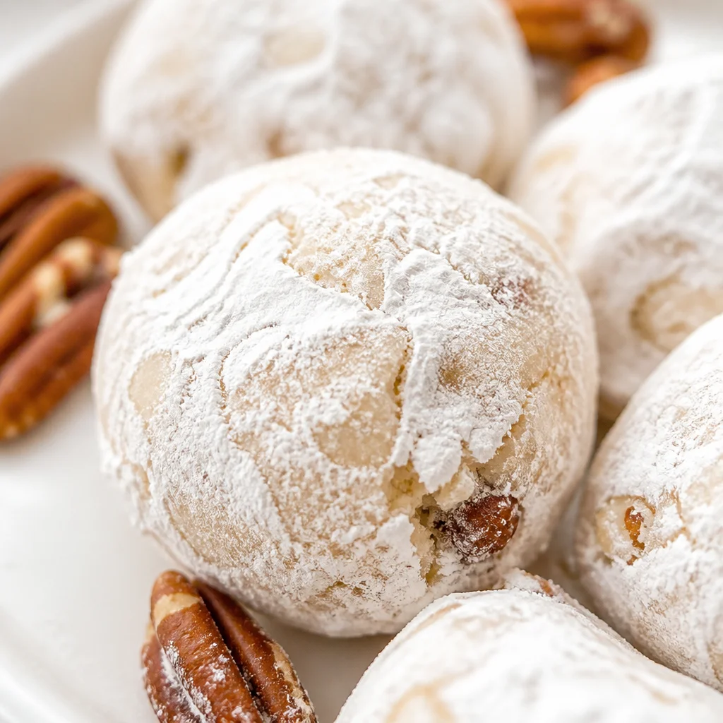 Classic Southern Pecan Sandies cookies on a decorative plate with powdered sugar.