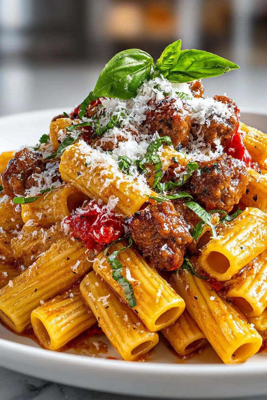 Creamy Italian sausage rigatoni served in a bowl with fresh herbs