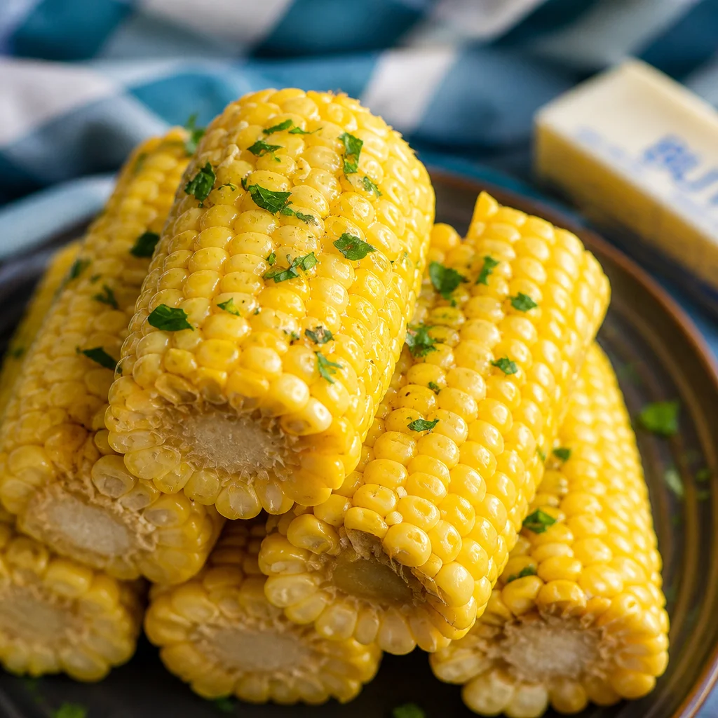 Creamy Slow Cooker Corn on the Cob with Butter served in a black crockpot.