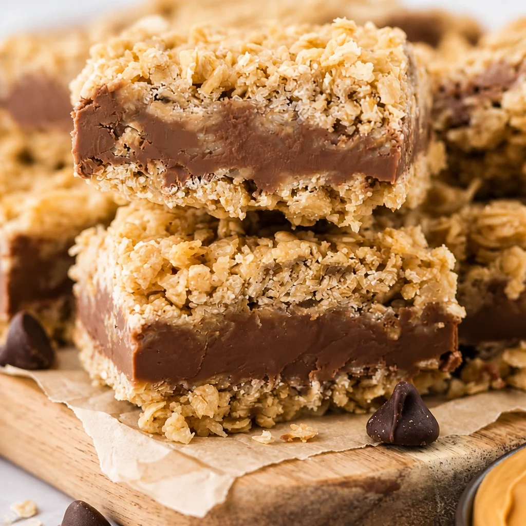 Easy No Bake Chocolate Oatmeal Peanut Butter Bars stacked on a white plate.