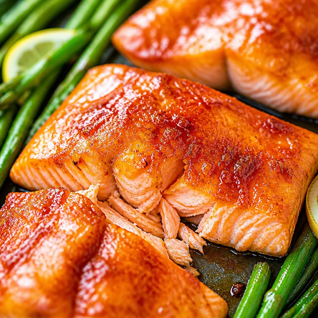 Easy Oven Baked Brown Sugar Glazed Salmon on a baking sheet