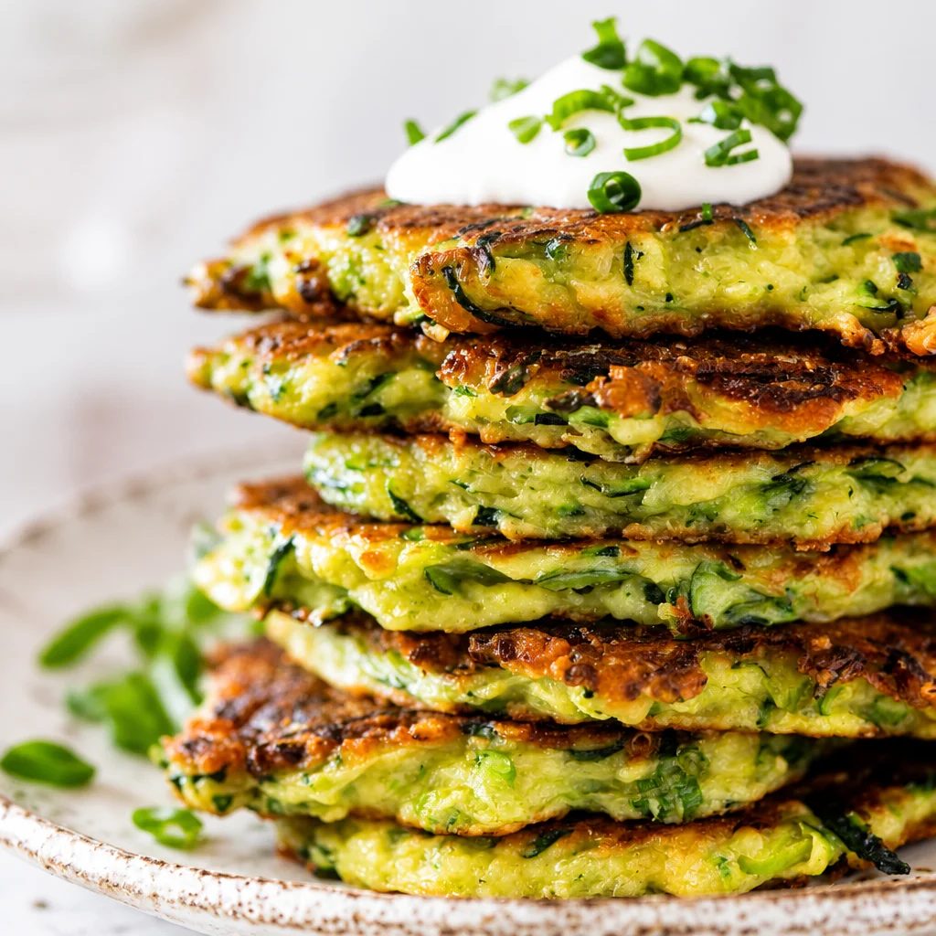 Golden crispy easy skillet fried zucchini garlic patties served on a plate.