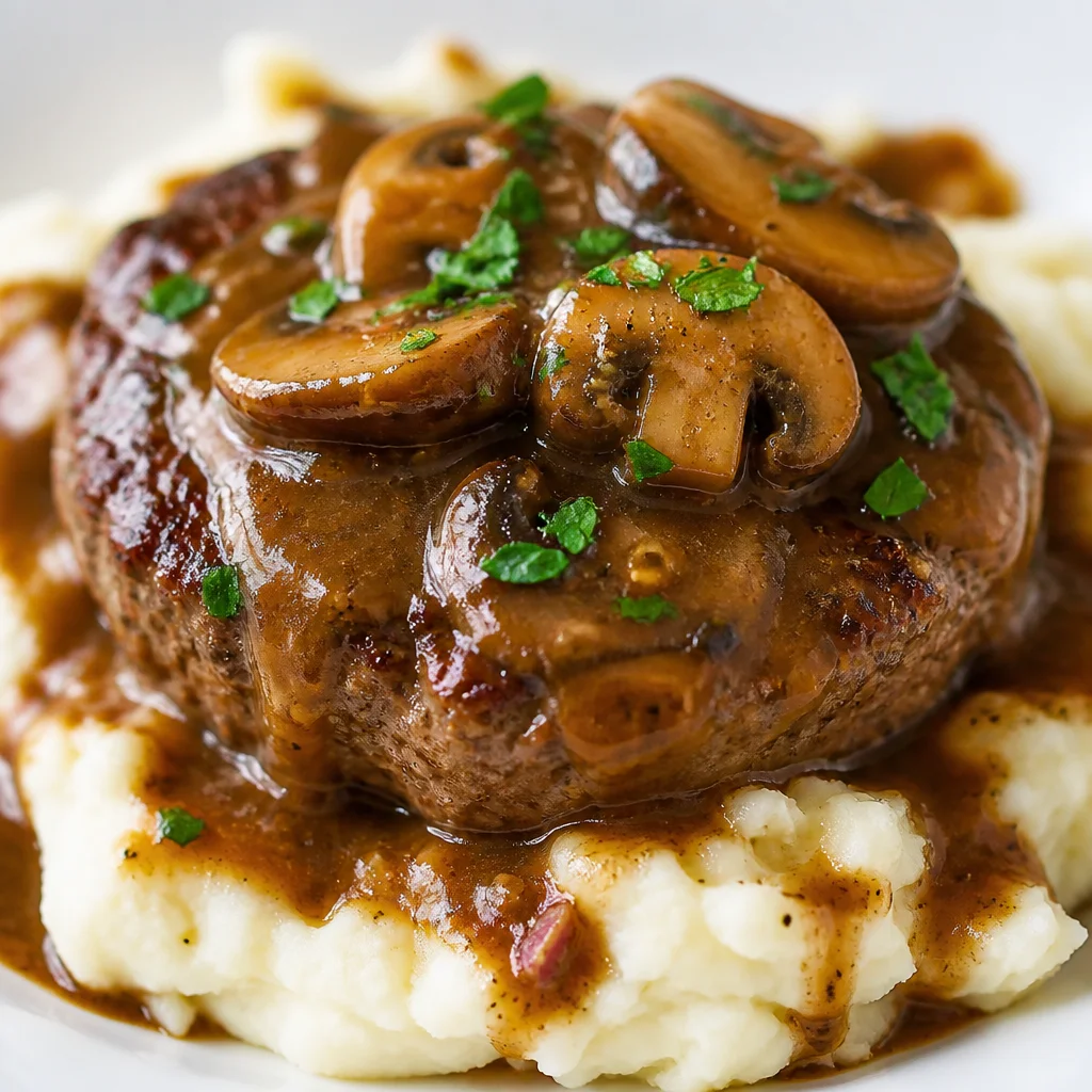 Easy Skillet Salisbury Steak with Mushroom Gravy served on a plate with side vegetables.