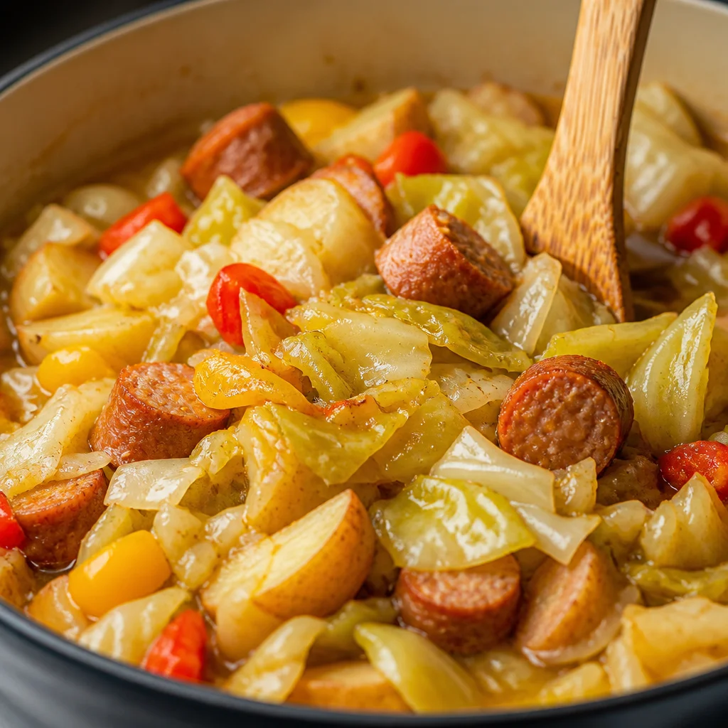 Easy Skillet Smothered Cabbage with Smoked Sausage in a skillet