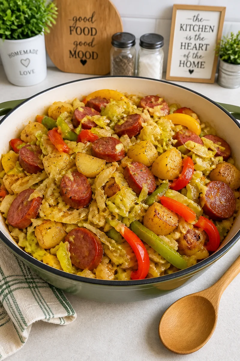 Easy Skillet Smothered Cabbage with Smoked Sausage