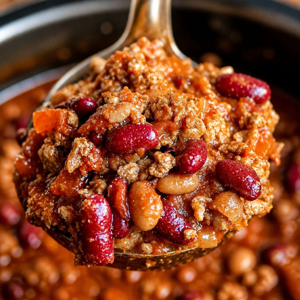Delicious Easy Slow Cooker Cowboy Chili Recipe filled with beef and beans.