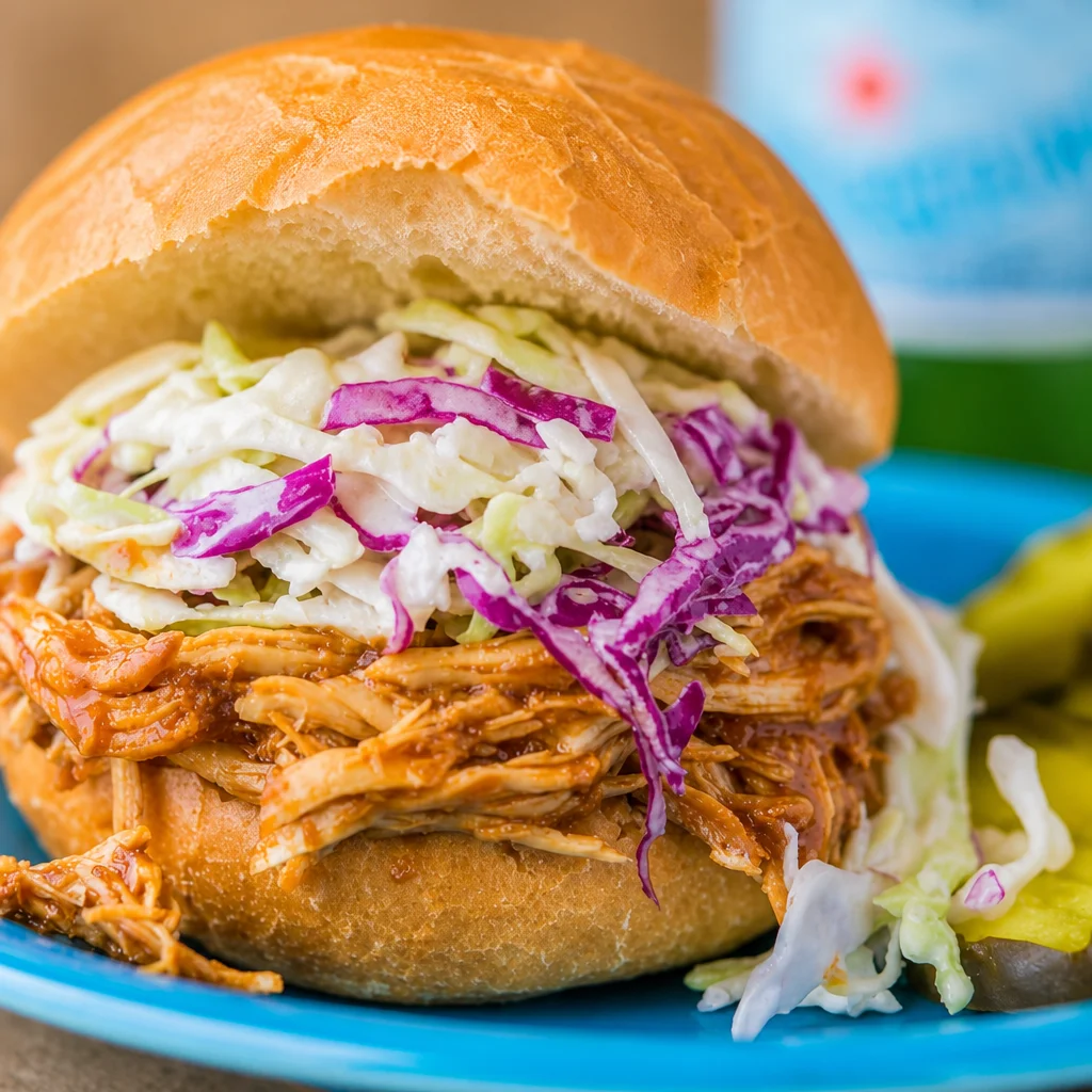 Easy Slow Cooker Pulled BBQ Chicken Sandwiches served with coleslaw