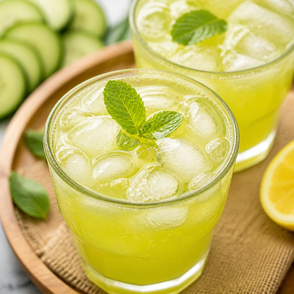 Glass of fresh homemade cucumber mint lemonade with cucumber and mint garnish.