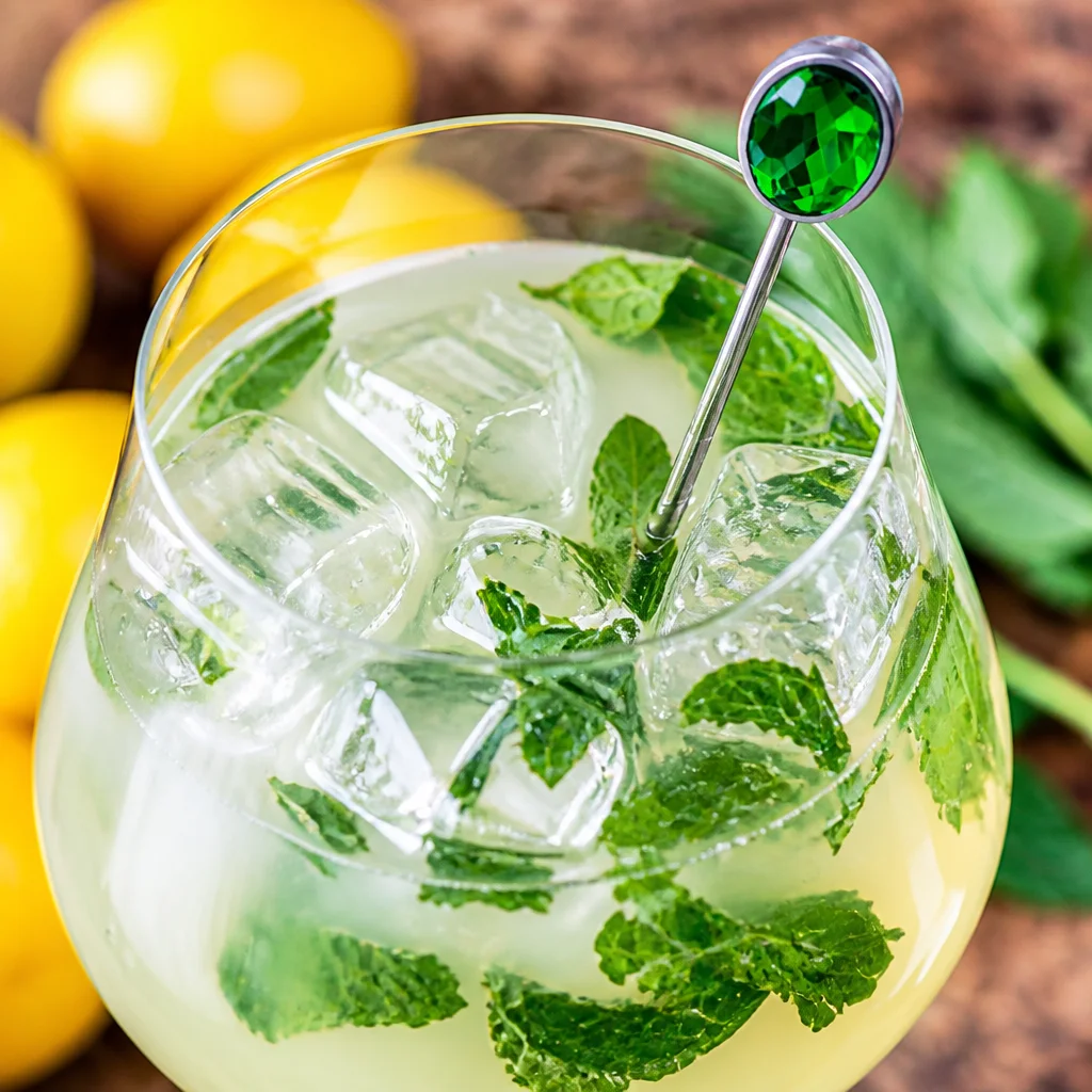 Homemade refreshing mint lemonade drink garnished with fresh mint leaves.