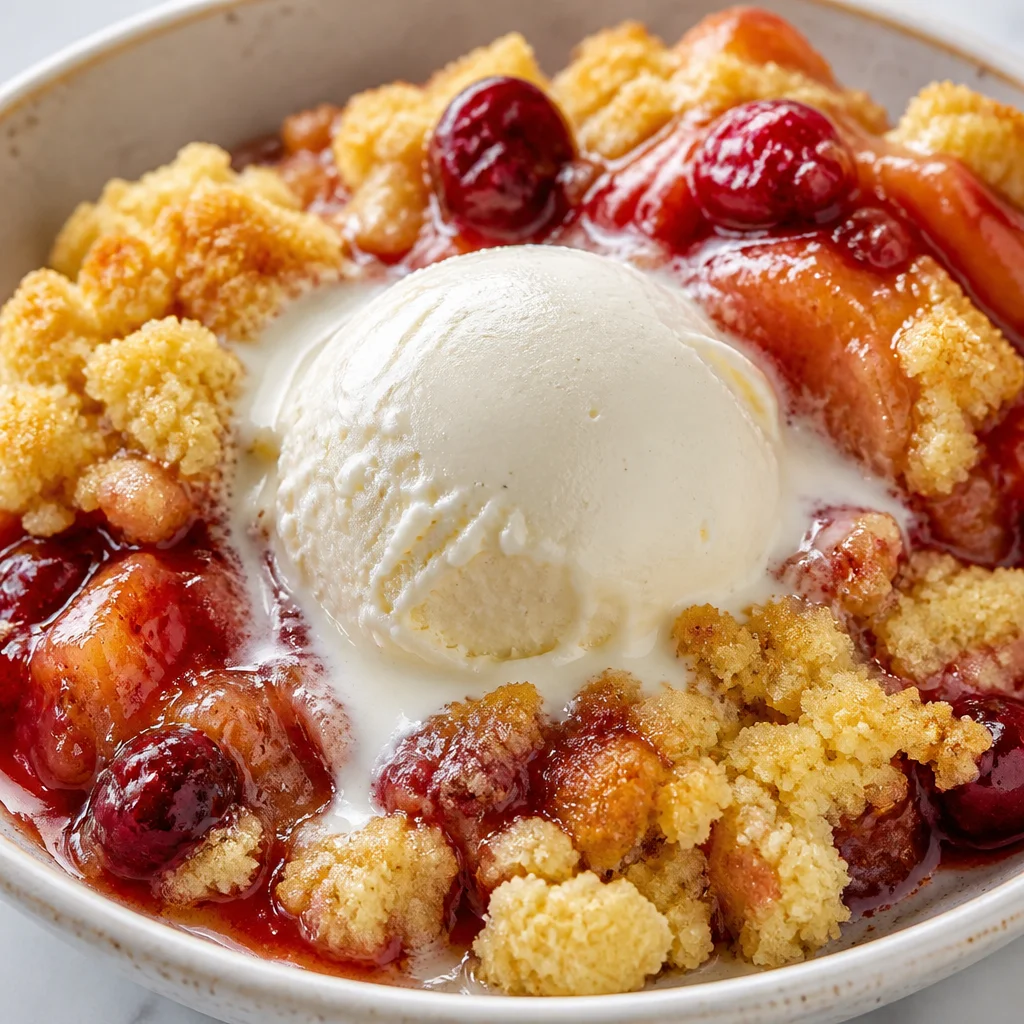 Old Fashioned Apple Cranberry Dump Cake Dessert with fresh cranberries and apples.