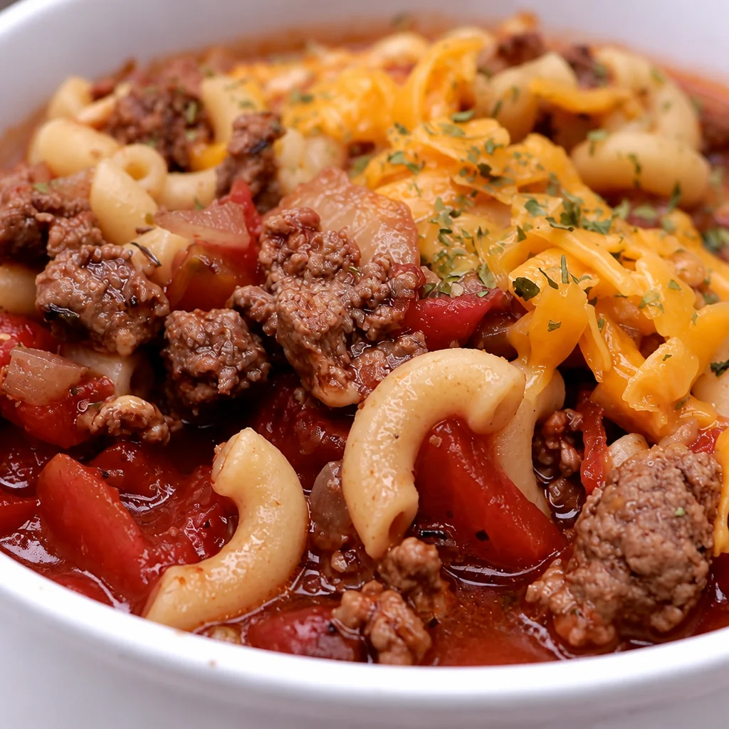 Delicious old-fashioned Tomato Macaroni and Beef Stew served in a bowl.