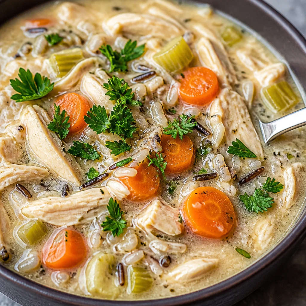 Delicious Slow Cooker Creamy Chicken and Wild Rice Soup with carrots and celery.