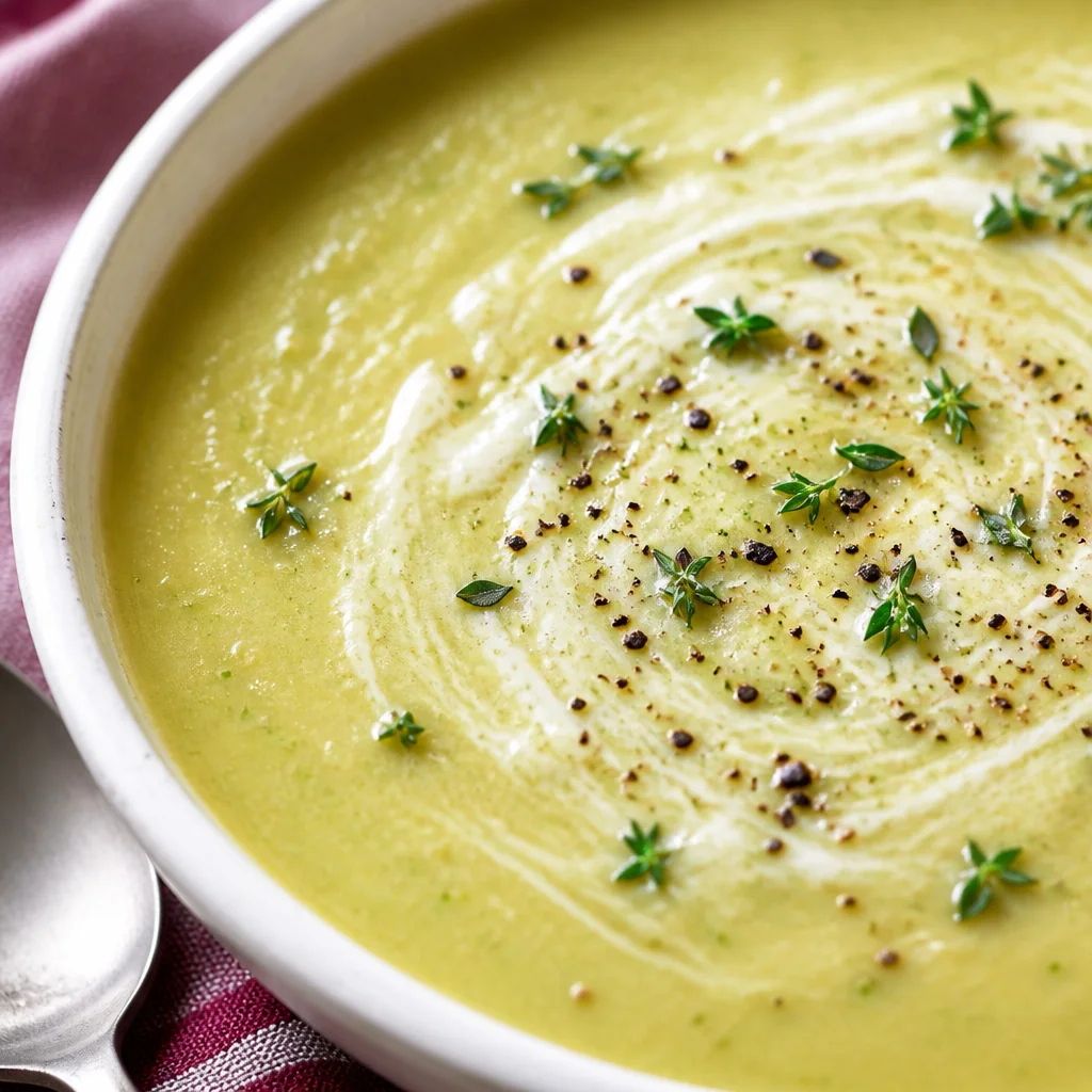 Bowl of Slow Cooker Creamy Potato and Leek Soup with fresh herbs and a swirl of cream.