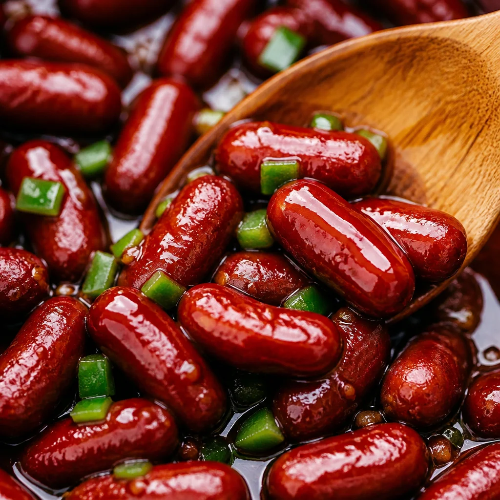 Slow Cooker Honey Garlic Smokies Appetizer served in a bowl, garnished with herbs