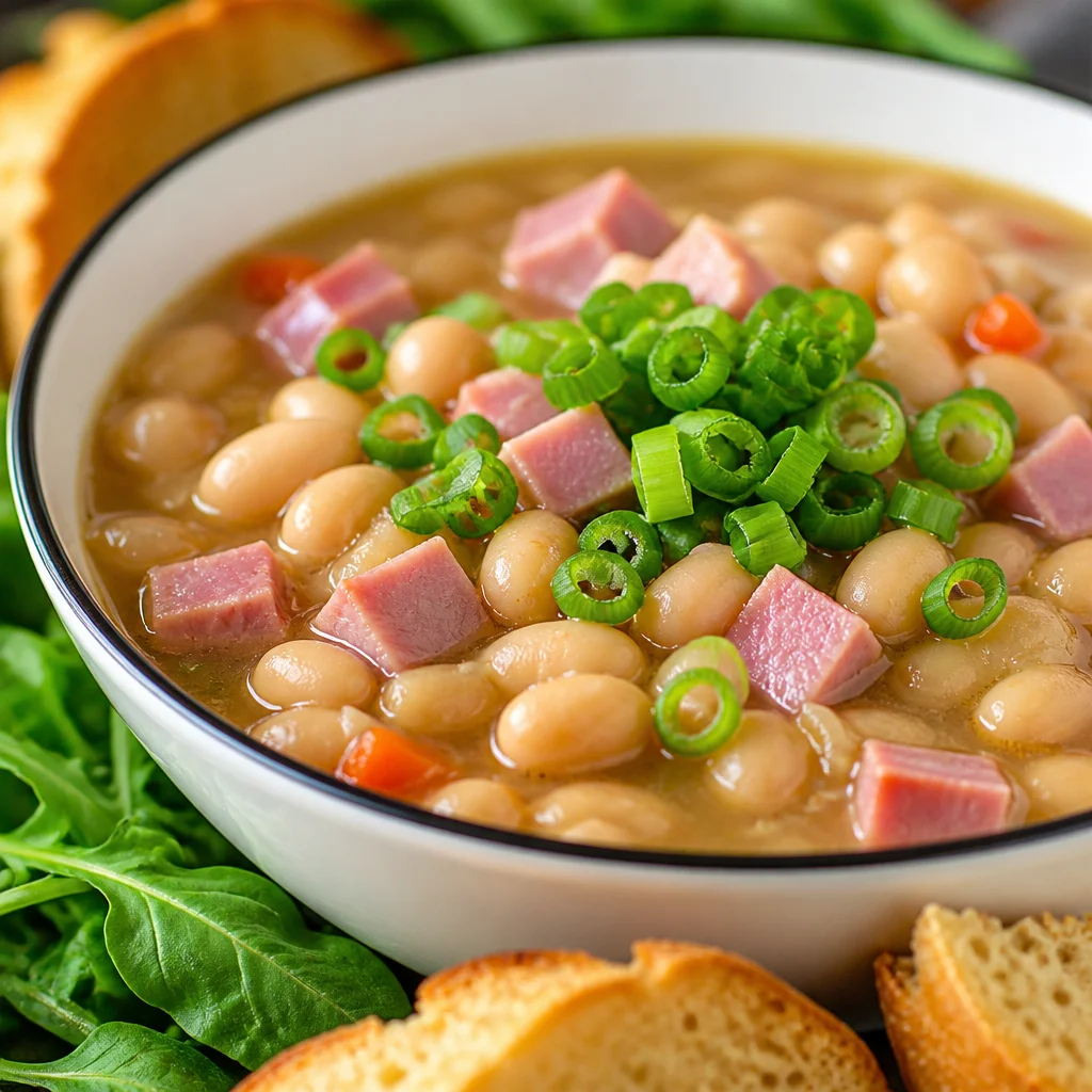 Bowl of Traditional Amish Ham and Bean Soup with navy beans and vegetables