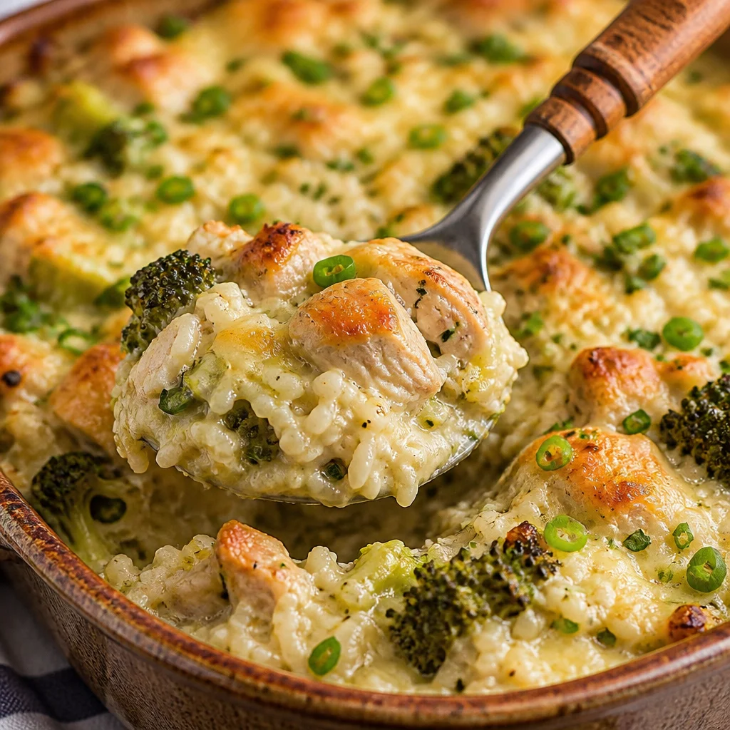 Traditional Homemade Chicken and Rice Casserole served with fresh herbs.
