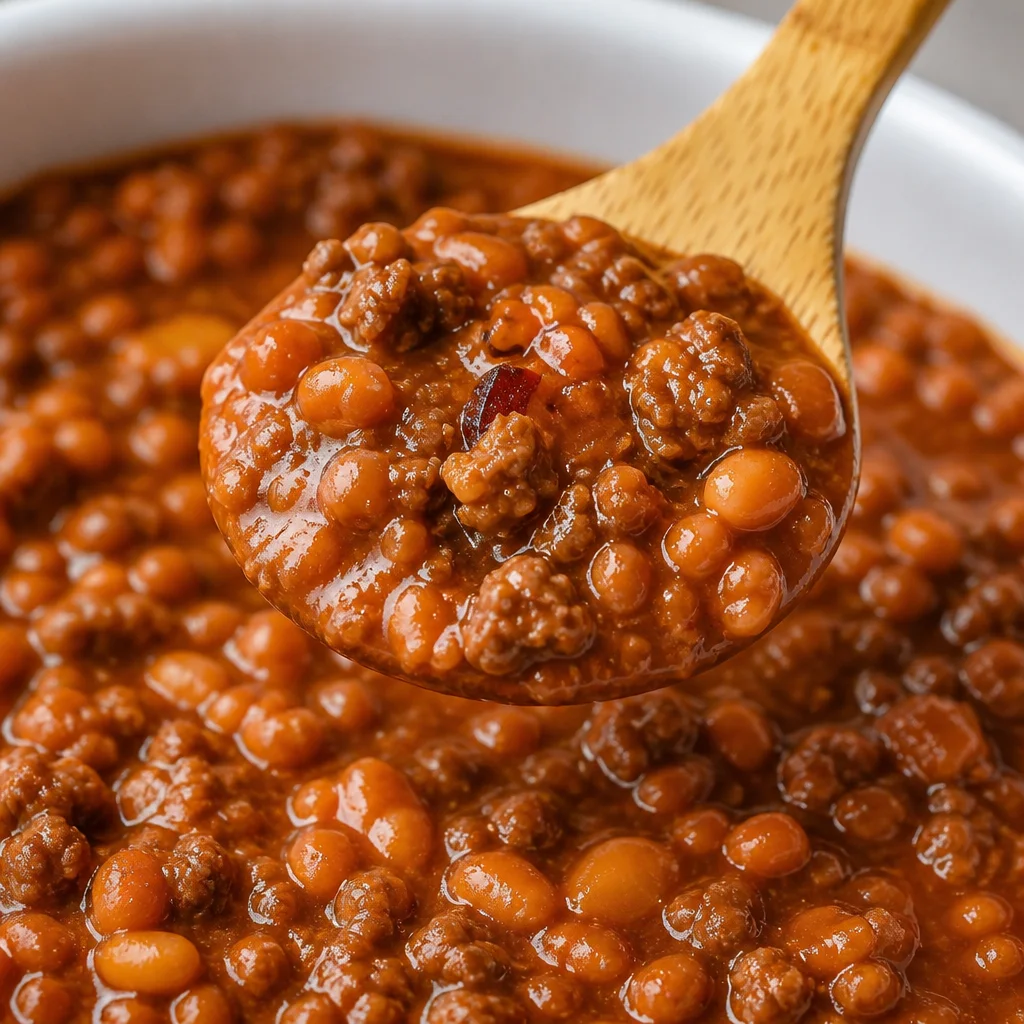 Traditional Homestyle Baked Beans with Ground Beef in a serving dish garnished.