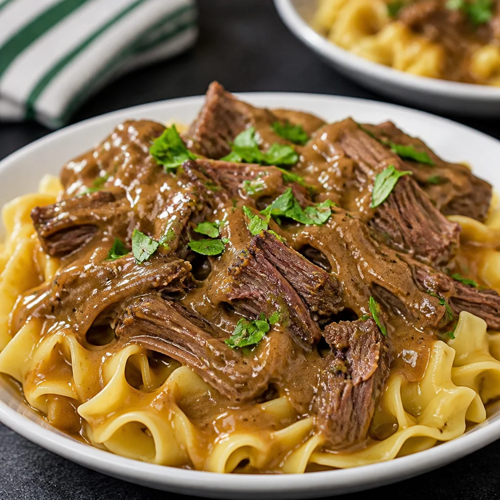 Delicious Traditional Homestyle Beef and Noodles served in a comforting bowl.