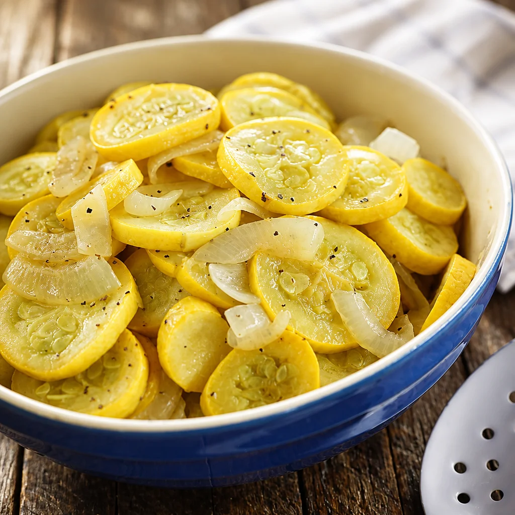 Baked traditional Southern yellow squash and onion casserole topped with breadcrumbs.