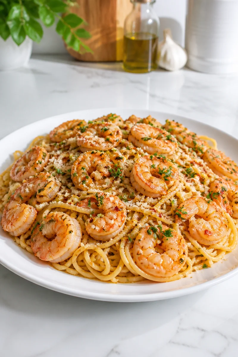 Plate of spicy garlic butter shrimp pasta garnished with parsley
