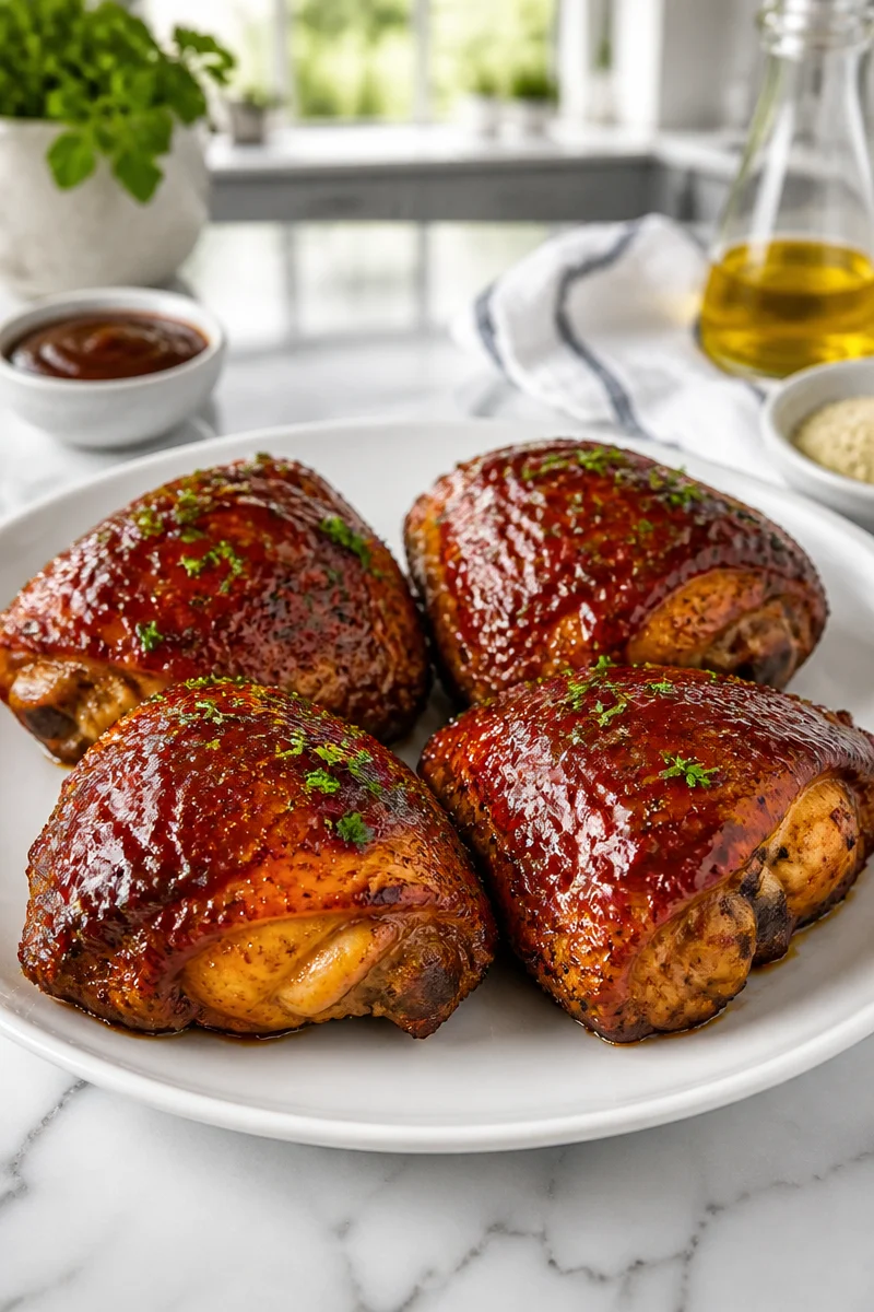 Delicious Air Fryer BBQ Chicken Thighs garnished and ready to serve.