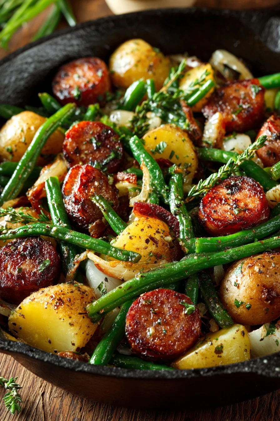 Cast Iron Skillet with Sausage, Potatoes, and Green Beans on a rustic table