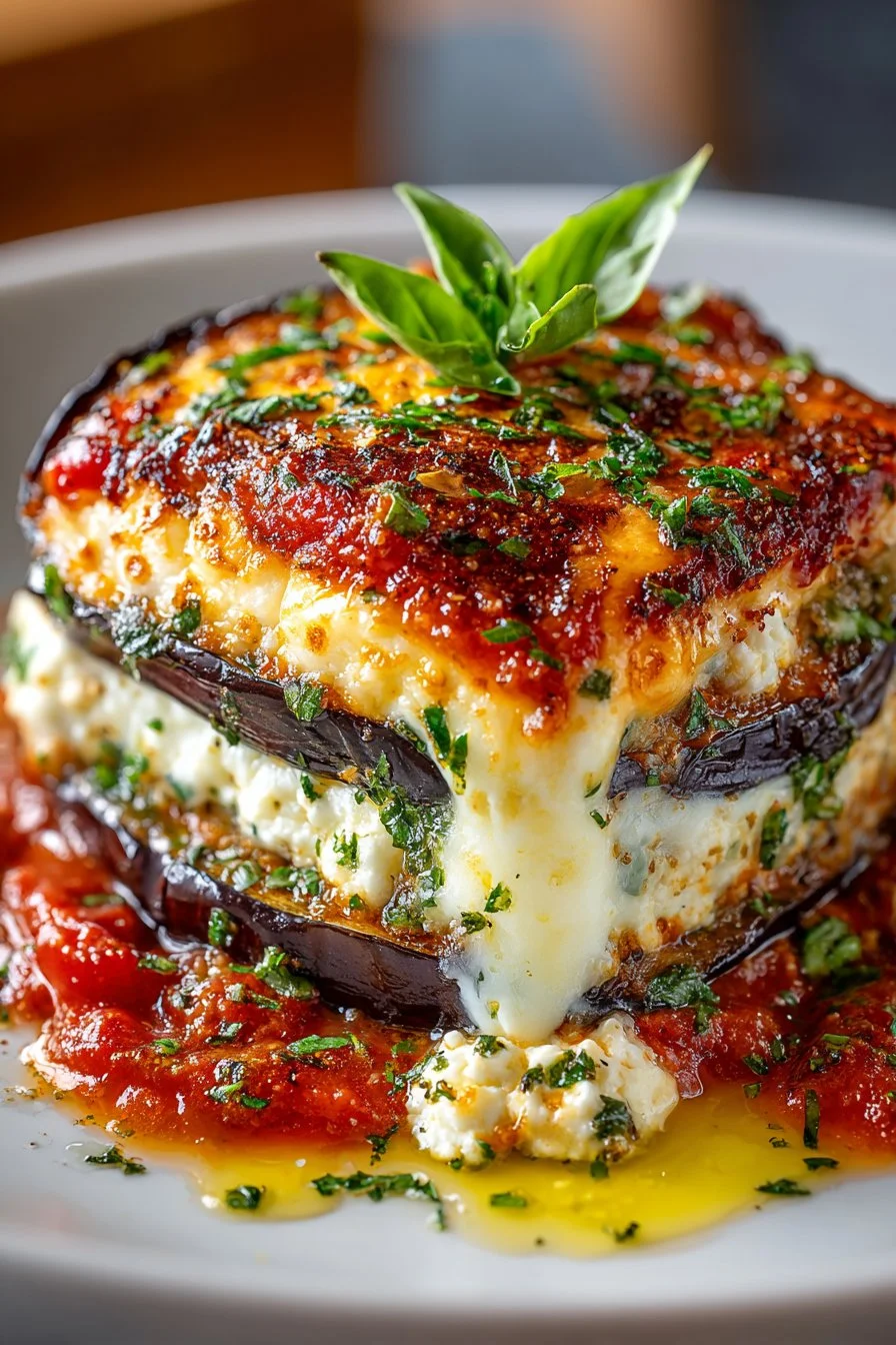 Cheesy baked mozzarella eggplant lasagna in a casserole dish