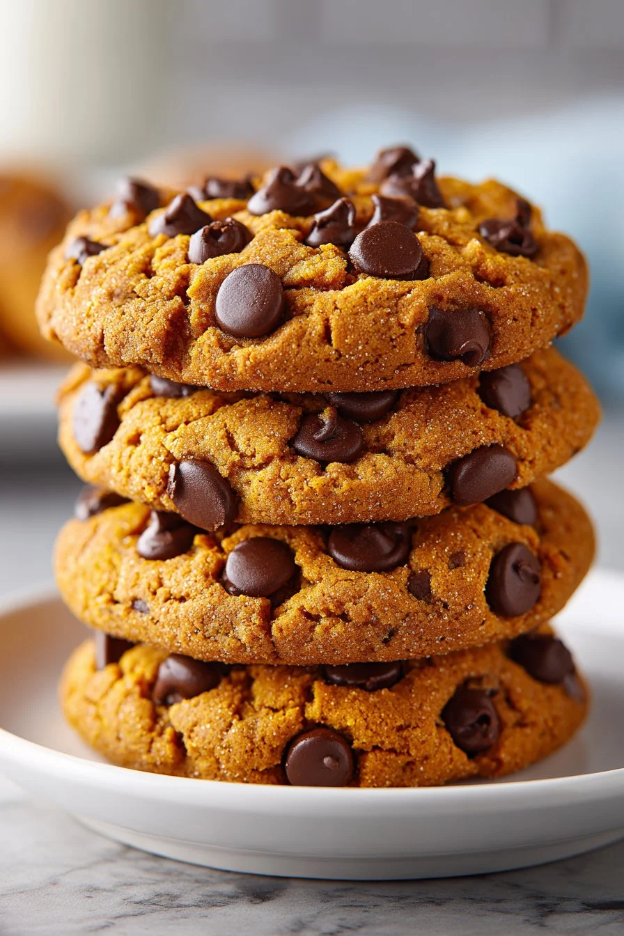 Chewy brown sugar pumpkin chocolate chip cookies on a plate