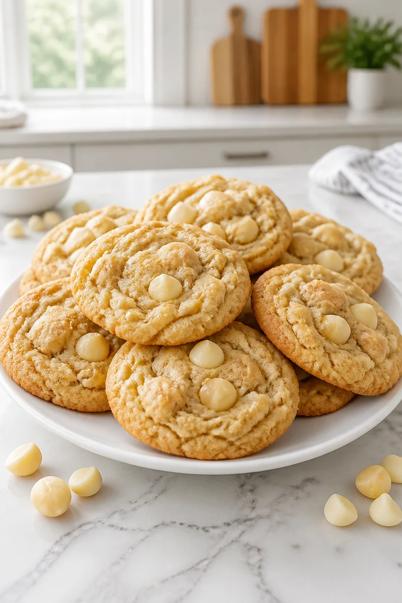 Chewy white chocolate macadamia nut cookies on a plate