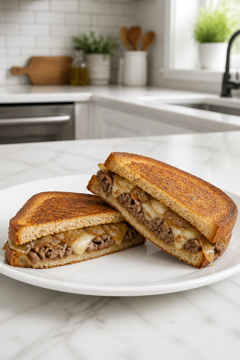 Classic American beef patty melt sandwich with cheese and grilled onions