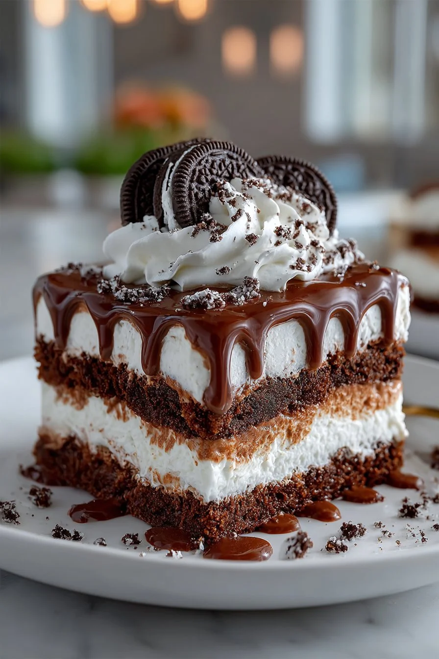 Delicious Classic Chocolate Pudding Oreo Lasagna dessert with layers of chocolate and Oreos