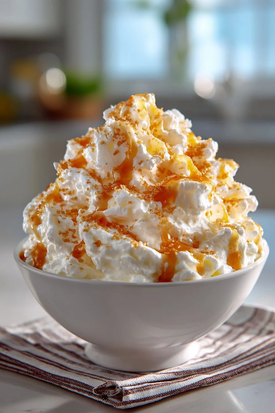 A refreshing bowl of Classic Cool Whip Orange Fluff Salad with bright orange color.