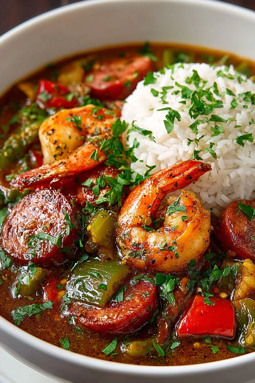 Bowl of Classic New Orleans Gumbo with shrimp, sausage, and spices