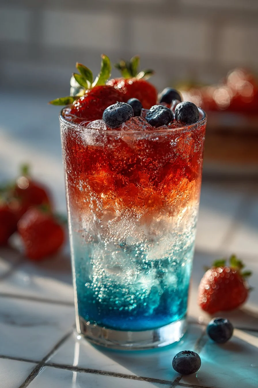 Classic red, white, and blue Fourth of July drinks in festive glasses