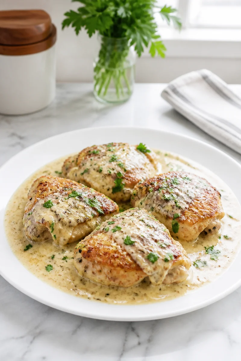 Creamy garlic parmesan chicken thighs served with herbs and sides.