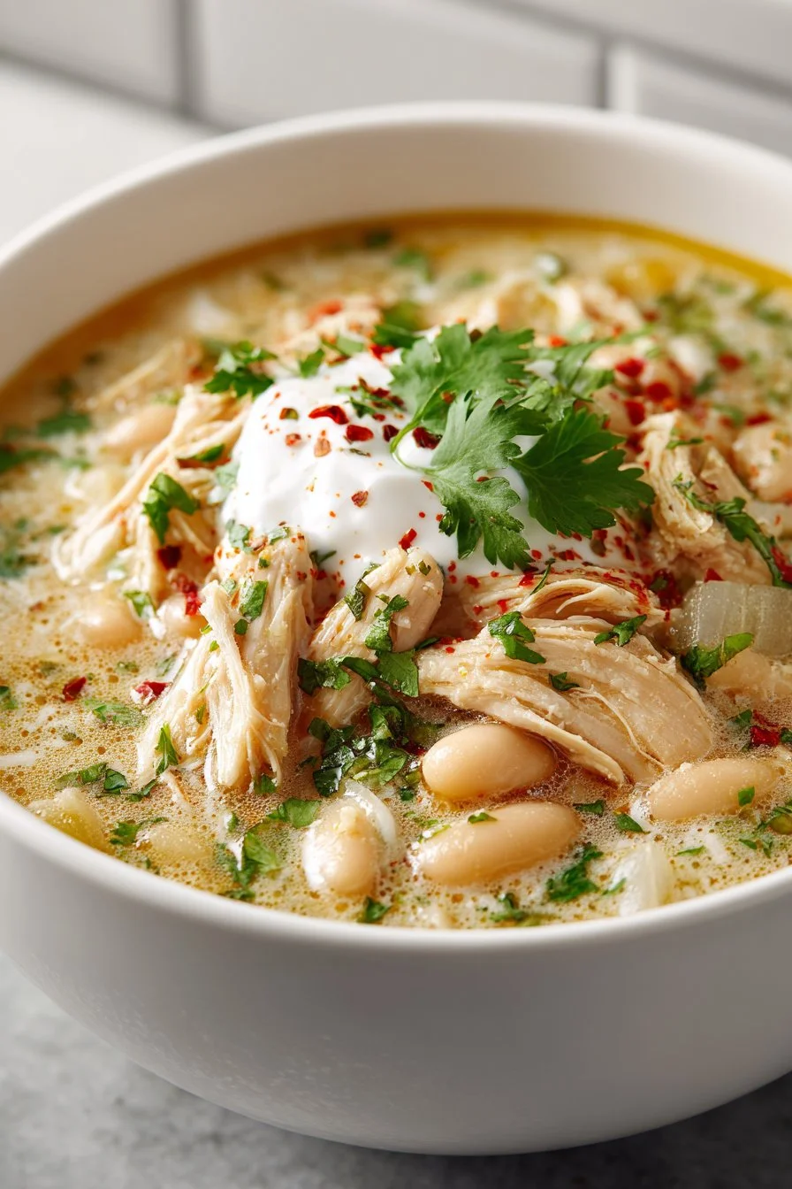 Creamy green chile white chicken chili in a crockpot for easy cooking