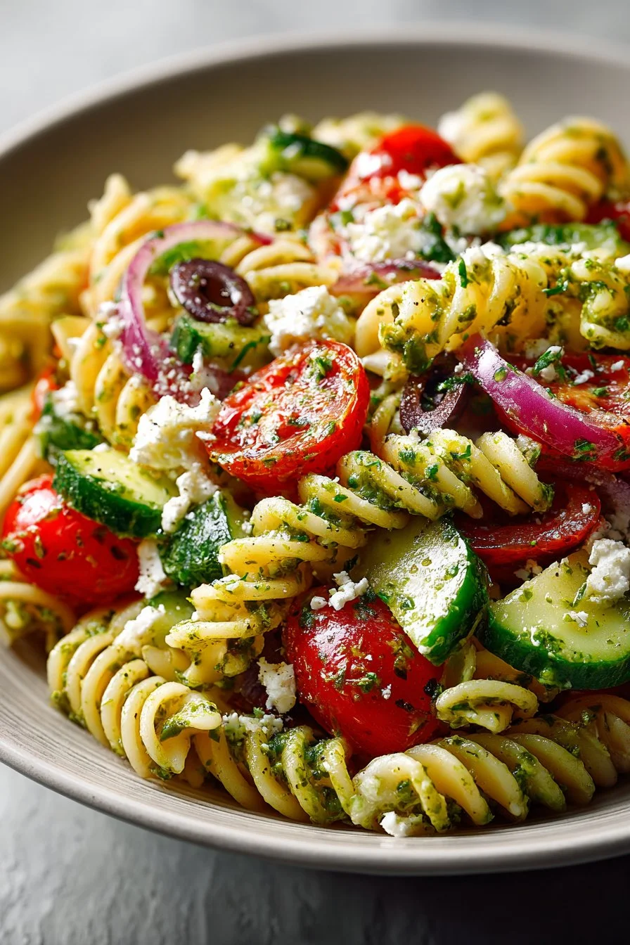 Creamy Pesto Mediterranean Pasta Salad