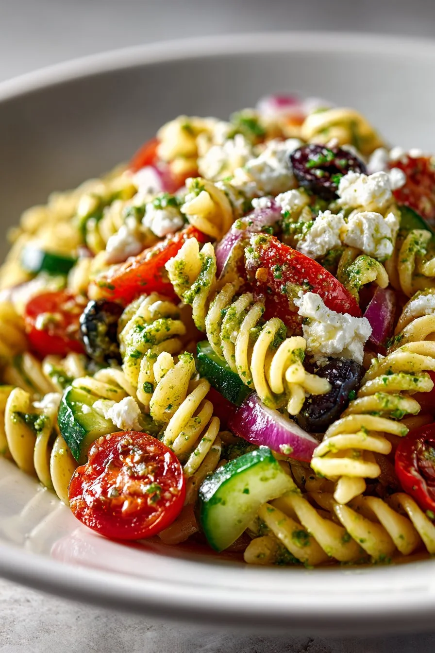 Creamy Pesto Mediterranean Pasta Salad