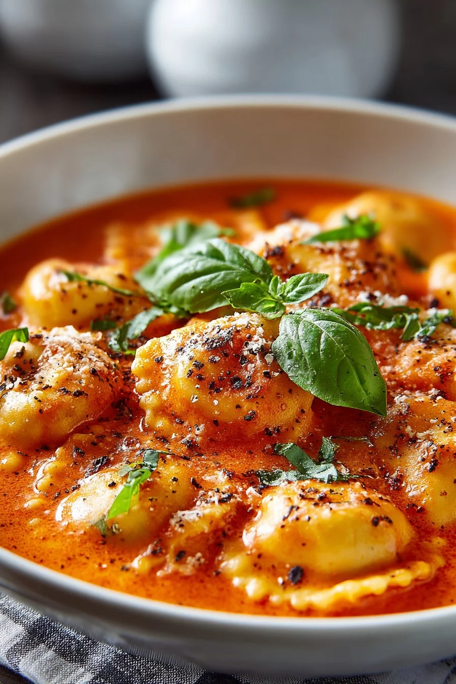 Creamy tomato ravioli stew in a crockpot with fresh herbs and vegetables