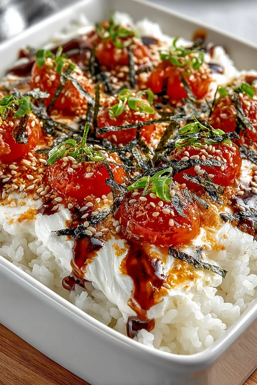Delicious creamy tuna sushi bake served in a white ceramic dish