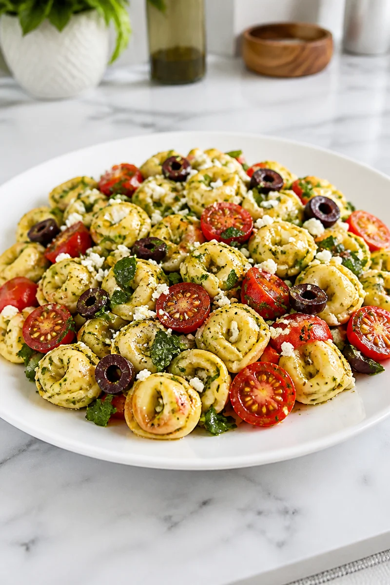 Creamy Tuscan tortellini pasta salad served in a bowl with fresh vegetables