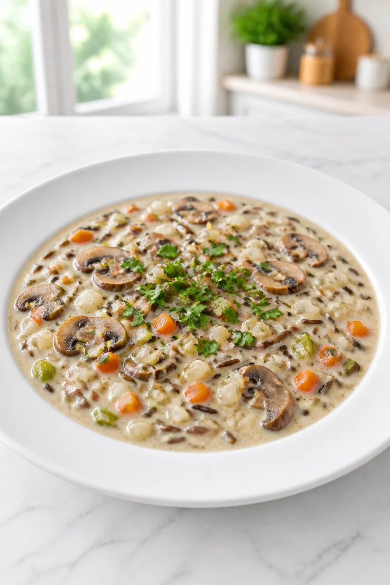 Creamy vegan mushroom and wild rice soup in a bowl topped with fresh herbs.